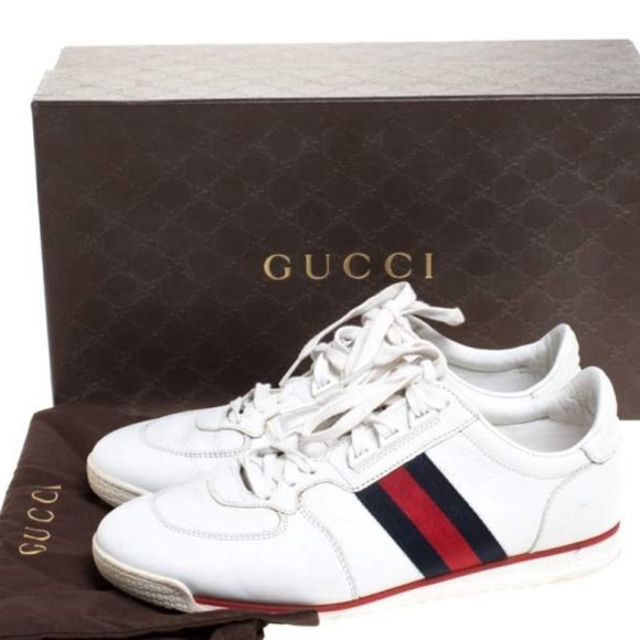 Gucci Micro Guccissima Men's Sz 44 White Leather Web Sneakers - Picture 1 of 12
